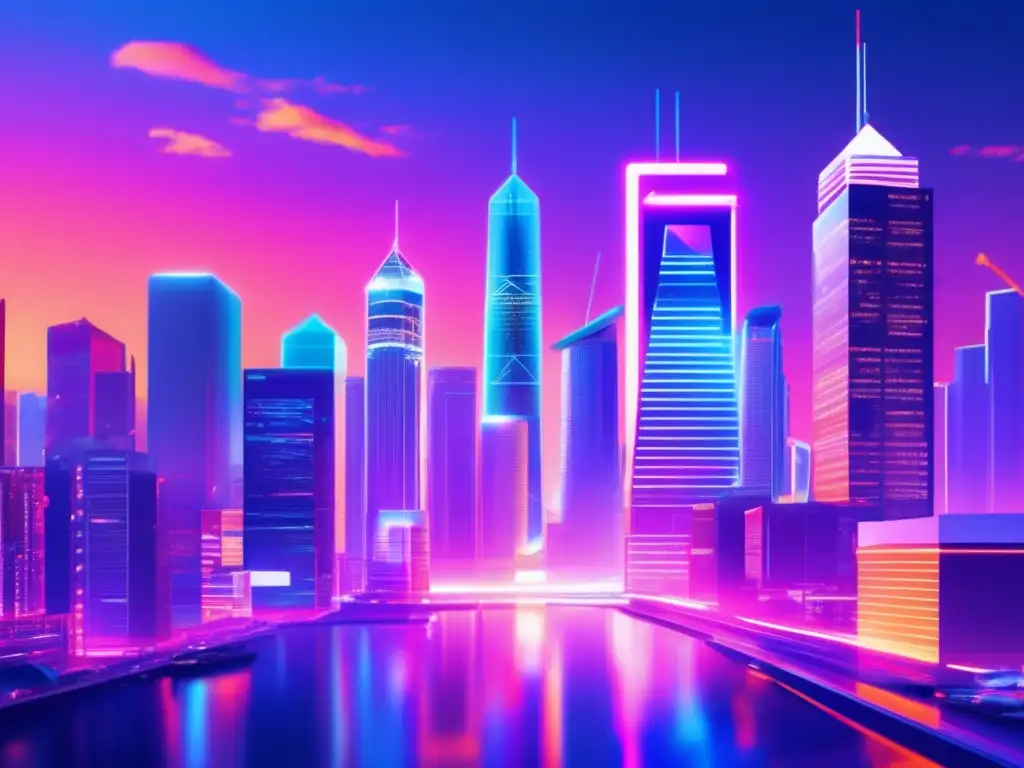 Futuro legal en cripto (50 caracteres) Ciudad futurista con rascacielos iluminados por luces neón y actividad frenética
