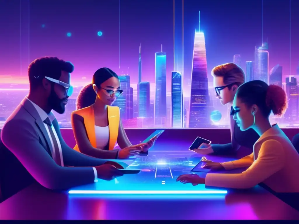 Ciudad futurista, tecnología y criptomonedas Ciudad futurista con rascacielos iluminados y personas discutiendo criptomonedas