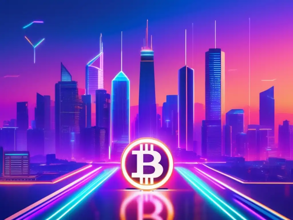 Futuro de las criptomonedas y la banca Ciudad futurista con rascacielos iluminados por luces de neón, simbolizando la regulación de criptomonedas y bancos