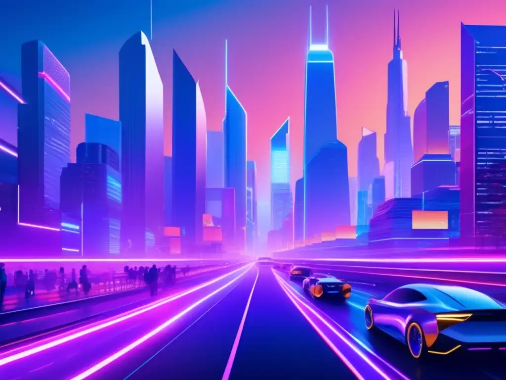 Ciudad futurista, rascacielos modernos y luces neón Una ciudad futurista al anochecer, con rascacielos imponentes y arquitectura moderna, iluminada por luces neón