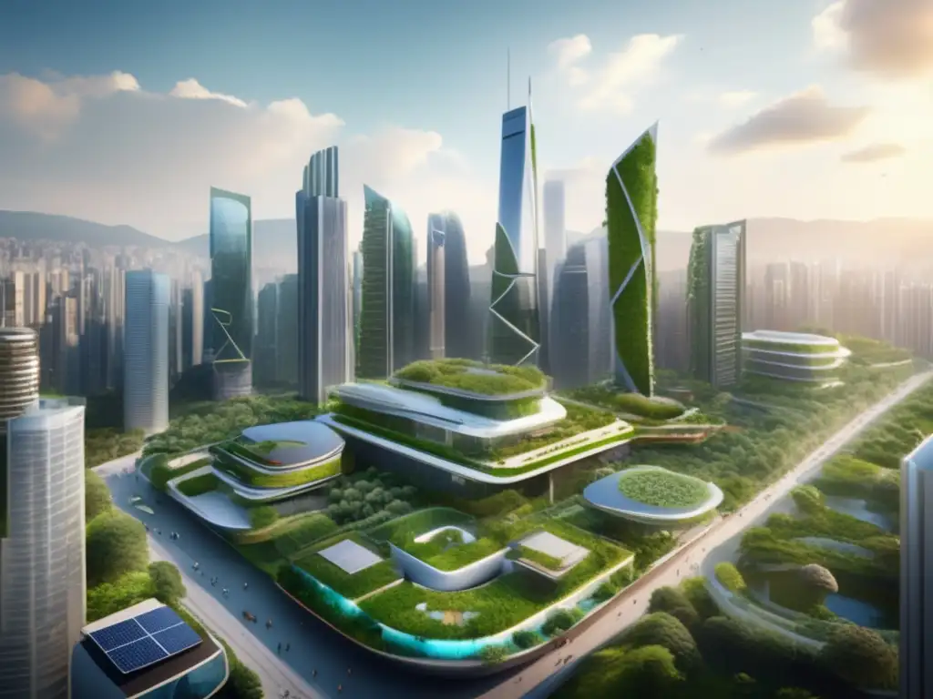 Ciudad sostenible con rascacielos futuristas Una ciudad futurista con rascacielos, jardines verticales y paneles solares muestra la integración de la naturaleza en el desarrollo urbano