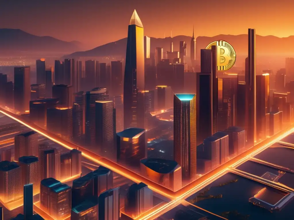 Futuro urbano con rascacielos y logos Bitcoin Ciudad futurista con rascacielos y logos Bitcoin, luces doradas del atardecer
