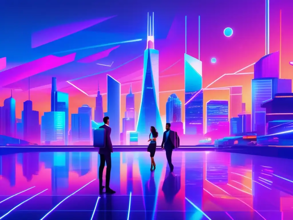 Futuro financiero: Criptomonedas y negocios Ciudad futurista con rascacielos, luces de neón y profesionales analizando inversiones en criptomonedas a largo plazo