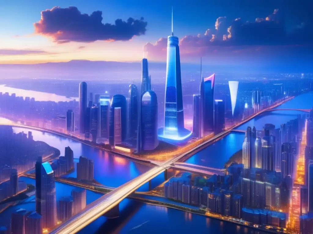 Futuro metropolitano: ciudad viva y futurista Ciudad futurista con rascacielos, luces vibrantes y río reflejando el progreso y oportunidad de microfinanzas en mercados emergentes
