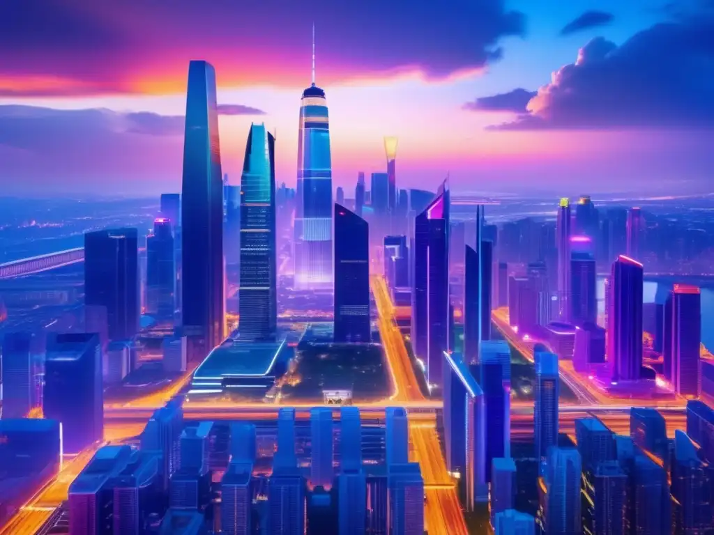 Ciudad futurista con rascacielos y luces coloridas Ciudad futurista con rascacielos, luces vibrantes y alianzas públicoprivadas