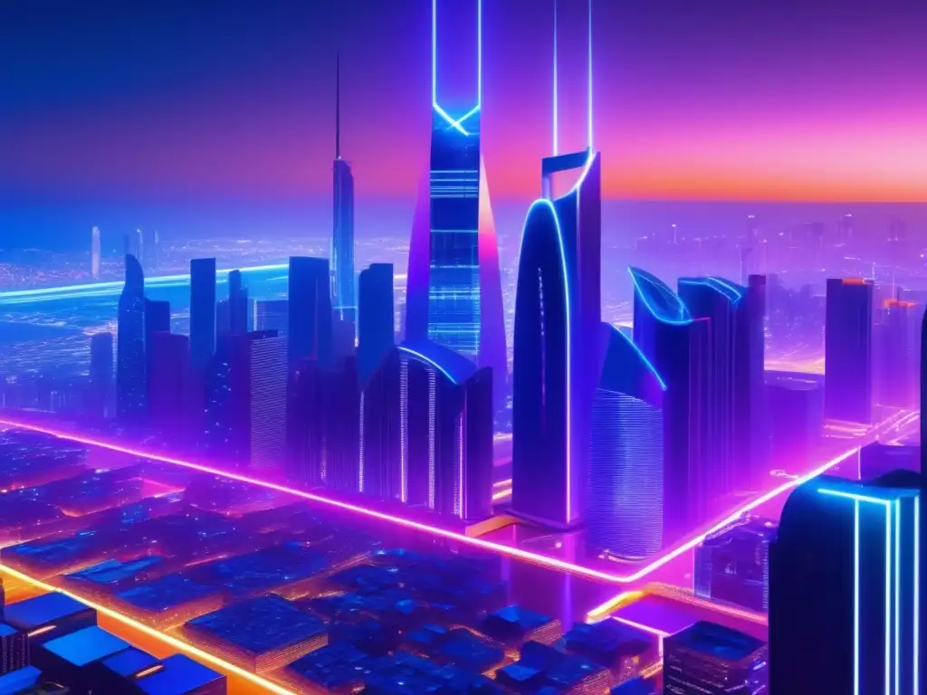 Metrópolis futurista con rascacielos luminosos y datos Ciudad futurista con rascacielos, luces de neón y profesionales discutiendo - Invertir en datos masivos: Guía de inversión