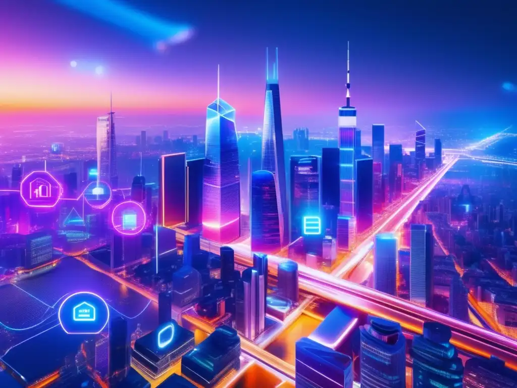 Futurista metrópolis con fintech Ciudad futurista con rascacielos y luces neón