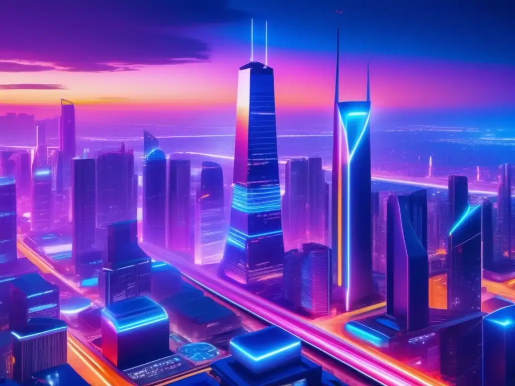 Ciudad futurista con rascacielos y luces de neón Ciudad futurista con rascacielos, luces vibrantes y tecnología avanzada