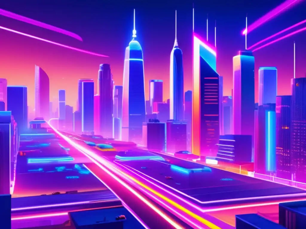 Futurista ciudad nocturna con rascacielos iluminados Ciudad futurista con rascacielos, luces neón, autos autónomos, mercado animado y fusión de finanzas tradicionales con opciones de criptomonedas