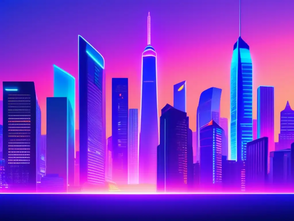 Ciudad futurista con mezcla de tradición y tecnología Ciudad futurista con rascacielos, luces neón y plataforma digital