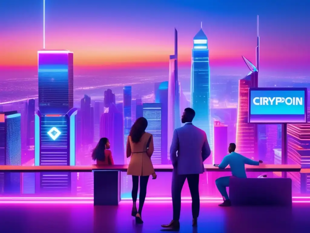Futuro de las ICOs: Innovación financiera y colaboración global Ciudad futurista con rascacielos y luces de neón