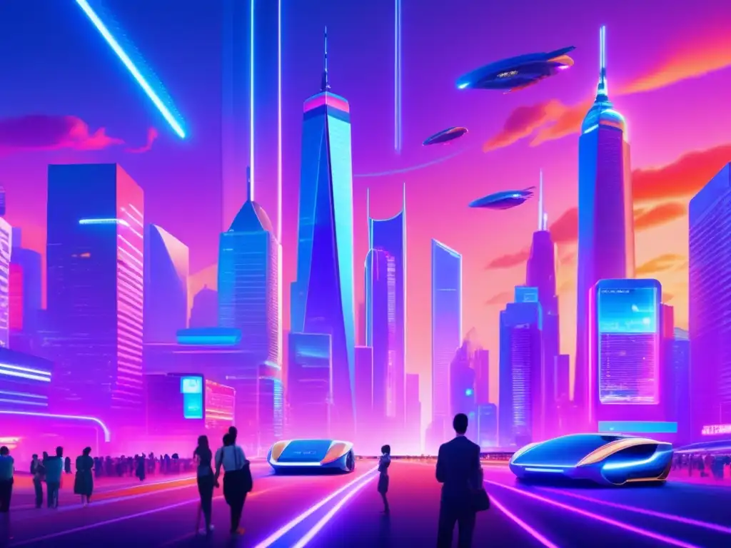 Futuro urbano: ciudad tecnológica y criptomonedas Ultradescripción: Ciudad futurista con rascacielos, luces de neón, actividad frenética, intercambio de dinero digital y Fintech democratizando
