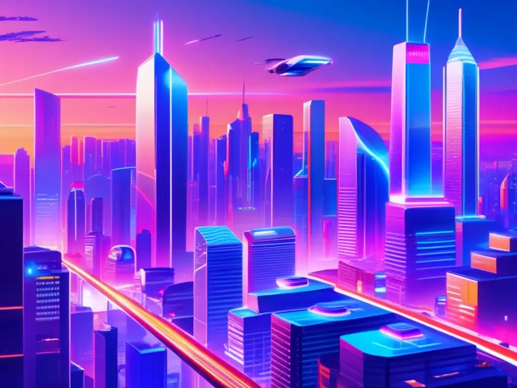 Futurista ciudad con rascacielos y líderes de la criptomoneda Ciudad futurista con rascacielos, luces neón y figuras influyentes, representando la influencia de la política en las criptomonedas