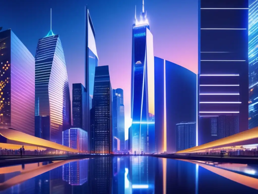 Ciudad futurista nocturna con rascacielos y mercados financieros Ciudad futurista con rascacielos, luces vibrantes y traders en distrito financiero: Beneficios de la volatilidad del mercado financiero