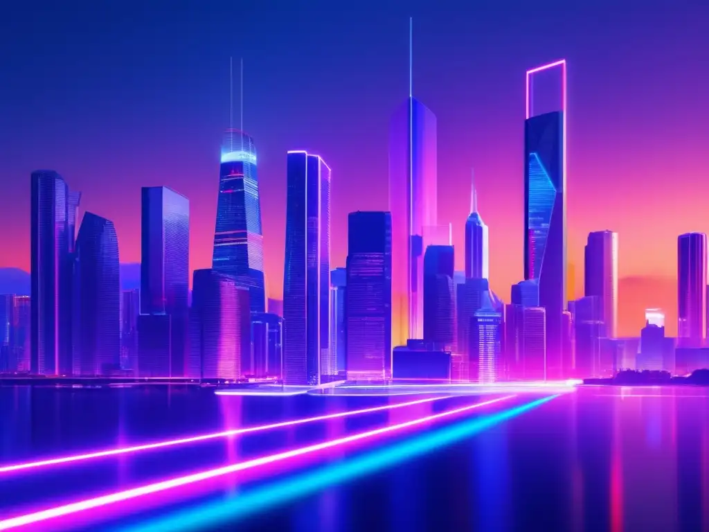 Ciudad futurista iluminada con luces de neón y arquitectura angular Ciudad futurista con rascacielos, luz neón y pantallas digitales interconectadas mostrando actualizaciones clave de Bitcoin