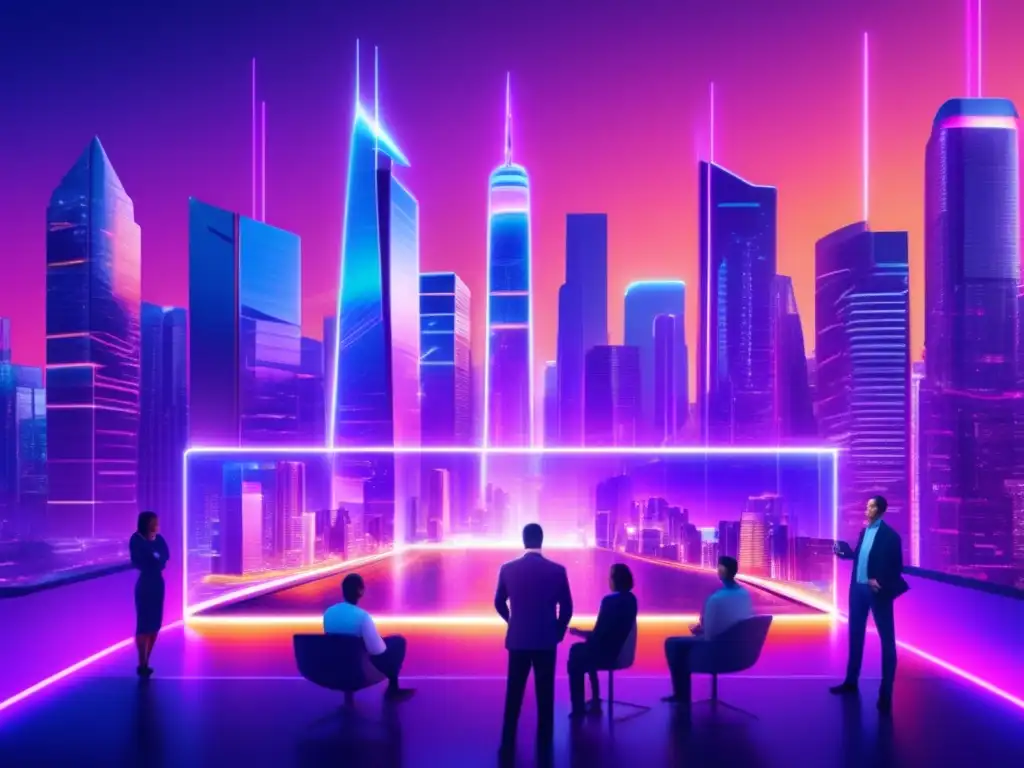Futuro financiero descentralizado Ciudad futurista DeFi: rascacielos, luz neón, profesionales usando tecnología holográfica, transparencia y regulación