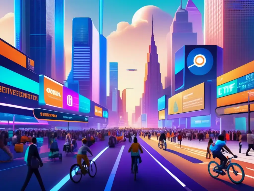 Ciudad futurista con rascacielos y mensajes conscientes Ciudad futurista con rascacielos, mensajes sociales y gente comprometida en actividades sostenibles