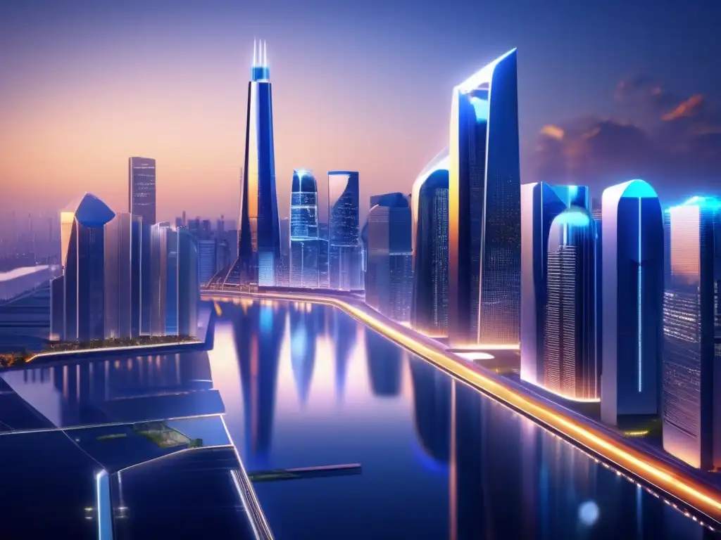Ciudad futurista con microfinanzas móviles Ciudad futurista con rascacielos, microfinanzas móviles y diversidad, iluminada y vibrante