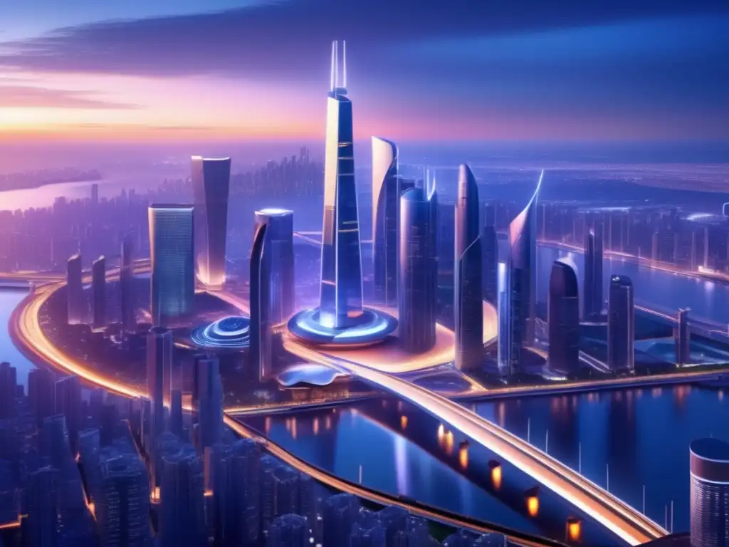 Ciudad futurista con rascacielos iluminados Ciudad futurista con rascacielos modernos y monedas digitales bancos centrales
