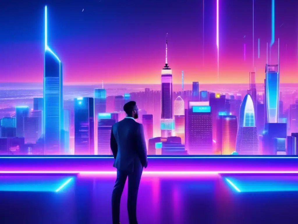 Ciudad futurista con criptomonedas Ciudad futurista con rascacielos modernos y criptomonedas, representando el potencial a largo plazo