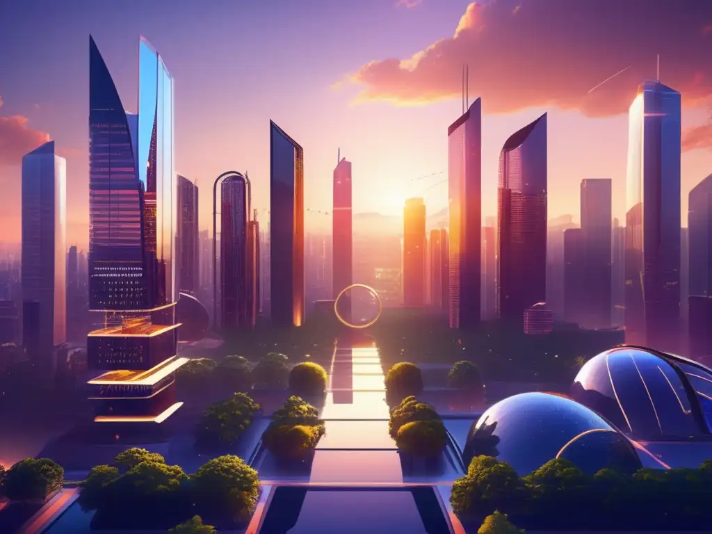 Futuro urbano sostenible con blockchain Ciudad futurista con rascacielos modernos, blockchain y eficiencia energética en criptomonedas