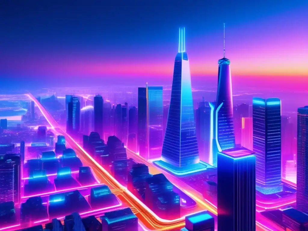 Futurista ciudad iluminada por neón Una ciudad futurista con rascacielos modernos y transacciones eficientes de Dash