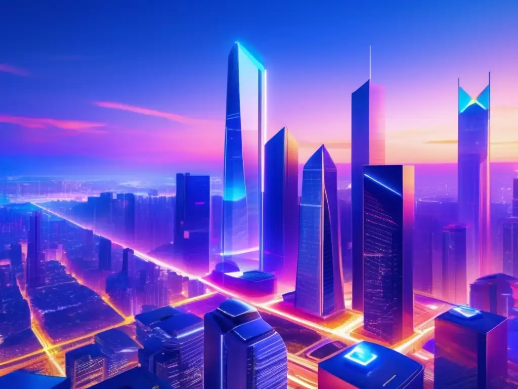 Ciudad futurista con rascacielos tokenizados Ciudad futurista con rascacielos modernos y visualizaciones digitales, simbolizando los beneficios de la tokenización de activos