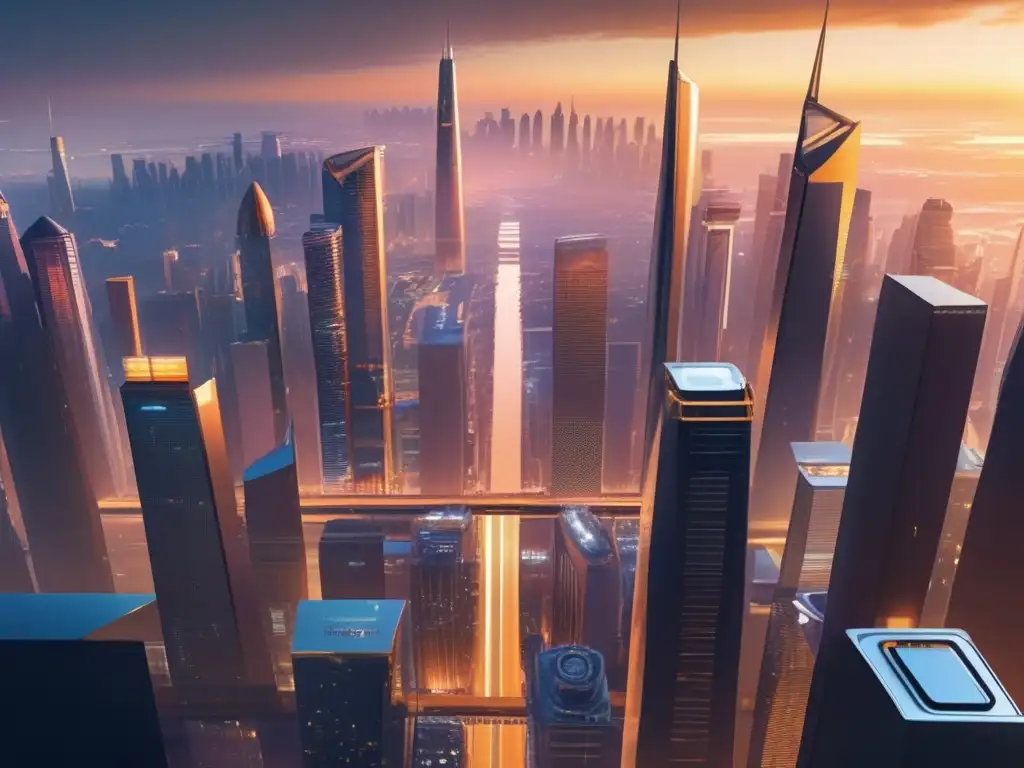 Futurista ciudad con rascacielos y monedas Ciudad futurista con rascacielos modernos, reflejos dorados del atardecer, autos autónomos y pantalla financiera