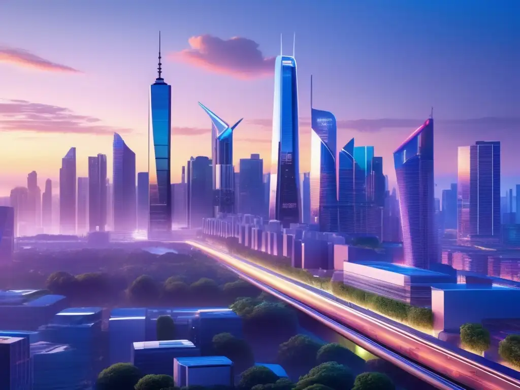 Amanecer futurista en ciudad vibrante Ciudad futurista con rascacielos y naturaleza, simbolizando el crowdfunding inmobiliario rentable
