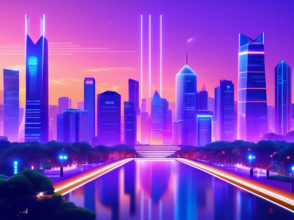 Ciudad futurista con rascacielos y criptomonedas Ciudad futurista con rascacielos, naturaleza y pantalla de criptomonedas: Estrategias de inversión en recesiones económicas