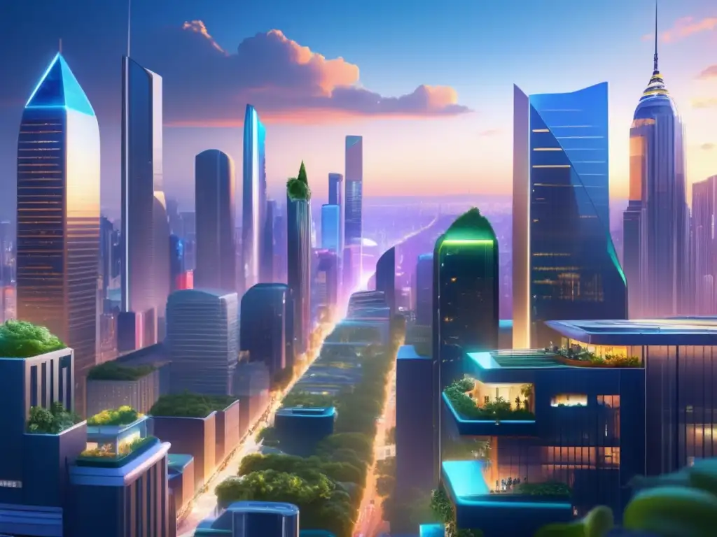 Ciudad cosmopolita vibrante con rascacielos futuristas y naturaleza Ciudad futurista con rascacielos, naturaleza y diversidad