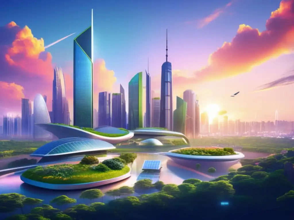 Futuro ciudad sostenible y cambio climático Ciudad futurista con rascacielos, naturaleza y cambio climático en mercados financieros