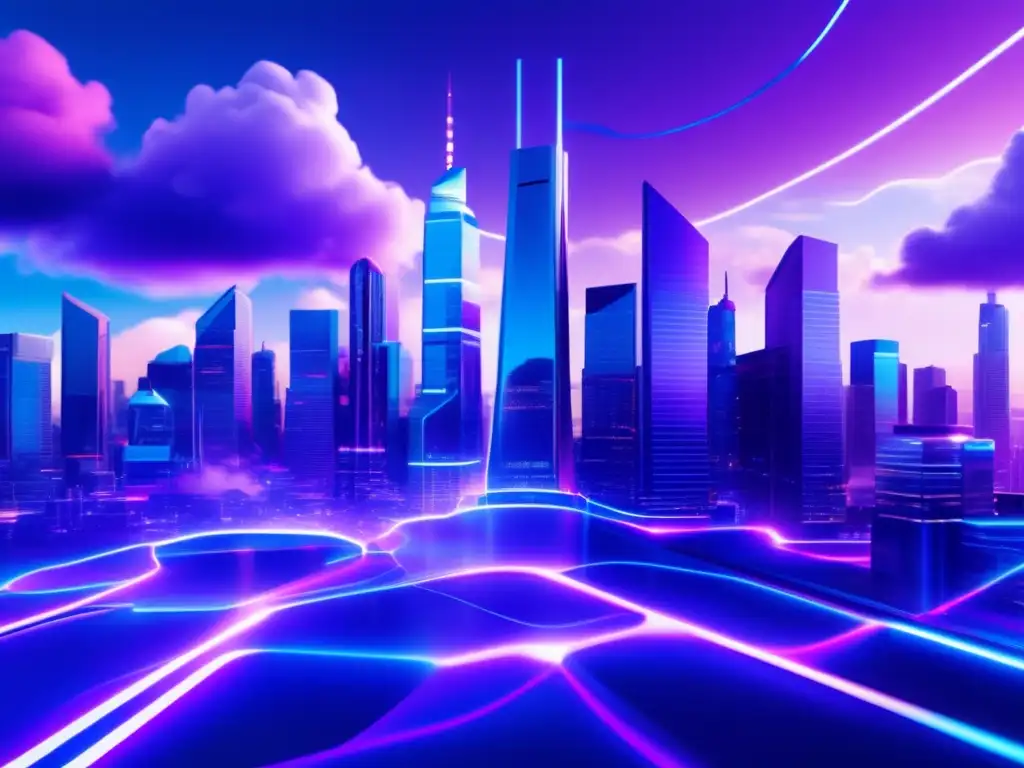 Futurista ciudad con nubes de datos Ciudad futurista con rascacielos, nubes y profesionales colaborando