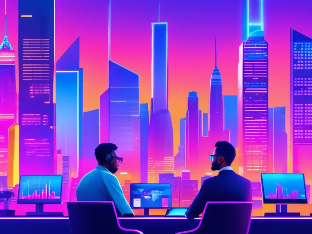 Futuro financiero: ciudad con rascacielos y Roboadvisors Ciudad futurista al anochecer con rascacielos, pantallas digitales y Roboadvisors adaptándose al mercado