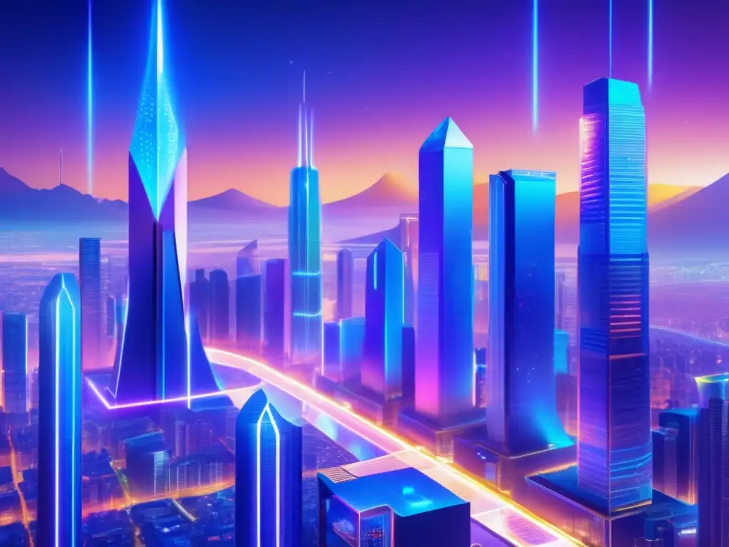 Futuro ciudad descentralizada Decred Ciudad futurista con rascacielos y participación comunitaria en criptomonedas