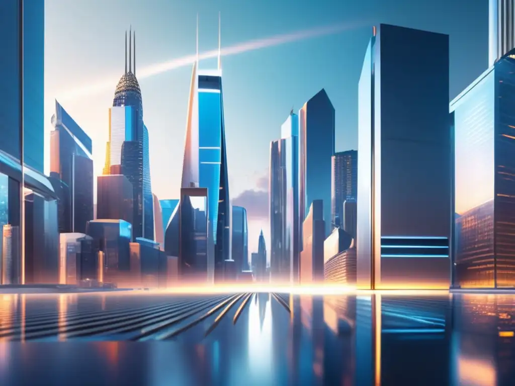 Futurista ciudad con rascacielos plateados y mercado bursátil Ciudad futurista con rascacielos de plata y cromo, mercado de valores lleno de energía y la palabra clave