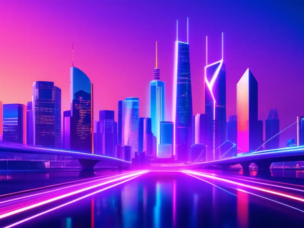 Ciudad futurista iluminada por luces neón Ciudad futurista con rascacielos, puentes y criptomonedas, representando algoritmos de consenso en criptomonedas