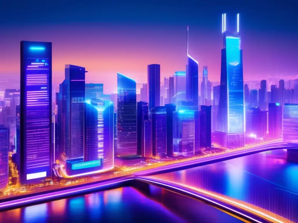 Ciudad futurista integrada financieramente Ciudad futurista con rascacielos, puentes transparentes y flujo de datos, simbolizando la integración financiera en plataformas tradicionales