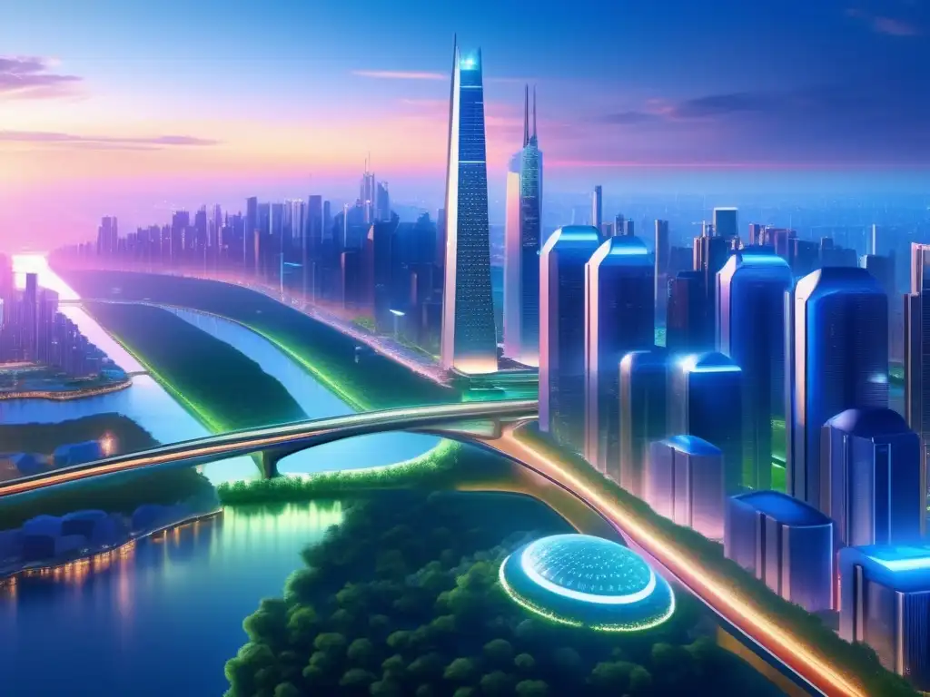 Futurista metrópolis con rascacielos y tecnología Ciudad futurista con rascacielos, puentes y parques verdes: beneficios de diversificar inversiones en startups e ICOs