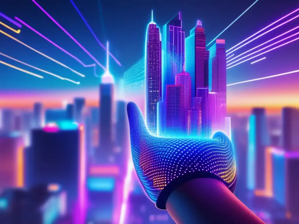 Ciudad futurista con IA financiera Ciudad futurista con rascacielos, redes de datos y mano holográfica