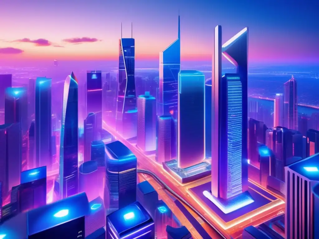 Futurista ciudad financiera al anochecer Ciudad futurista con rascacielos, señales luminosas y personas negociando