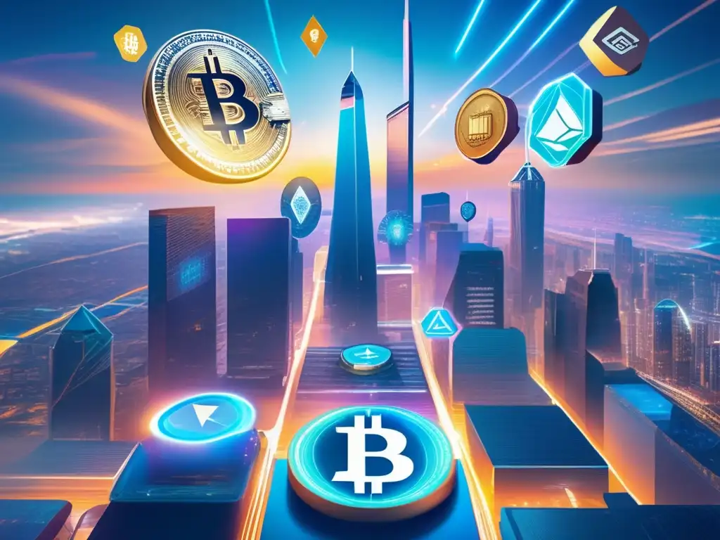 Futuro ciudad criptográfica Ciudad futurista con rascacielos y símbolos de criptomonedas