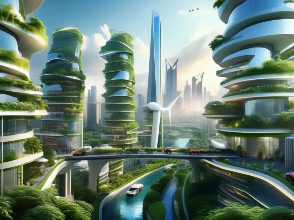 Ciudad futurista sostenible y armoniosa Ciudad futurista con rascacielos sostenibles, jardines verticales y movilidad eléctrica