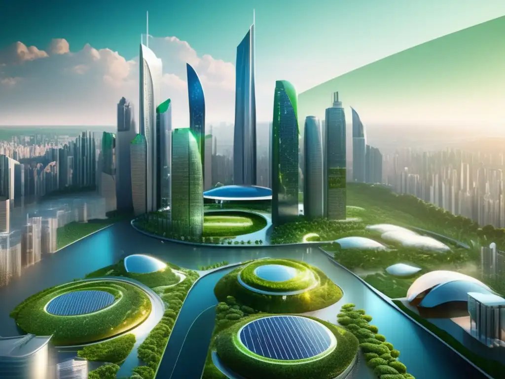 Ciudad futurista con rascacielos verdes y solares Ciudad futurista con rascacielos sostenibles, tecnología y naturaleza