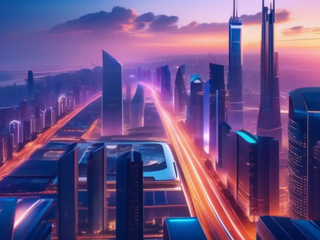 Futurista ciudad con inteligencia artificial Ciudad futurista al anochecer, con rascacielos, tecnología y adaptación de Roboadvisors al mercado
