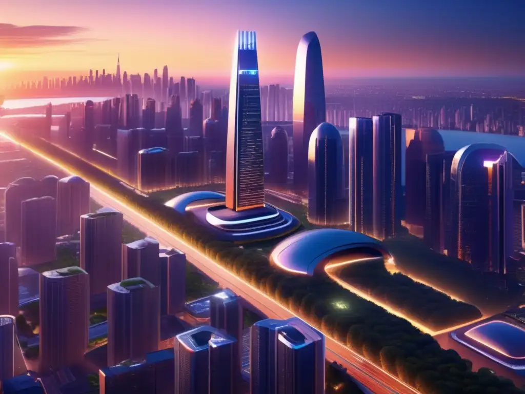 Futurista ciudad tecnológica al atardecer Ciudad futurista con rascacielos, tecnología y naturaleza