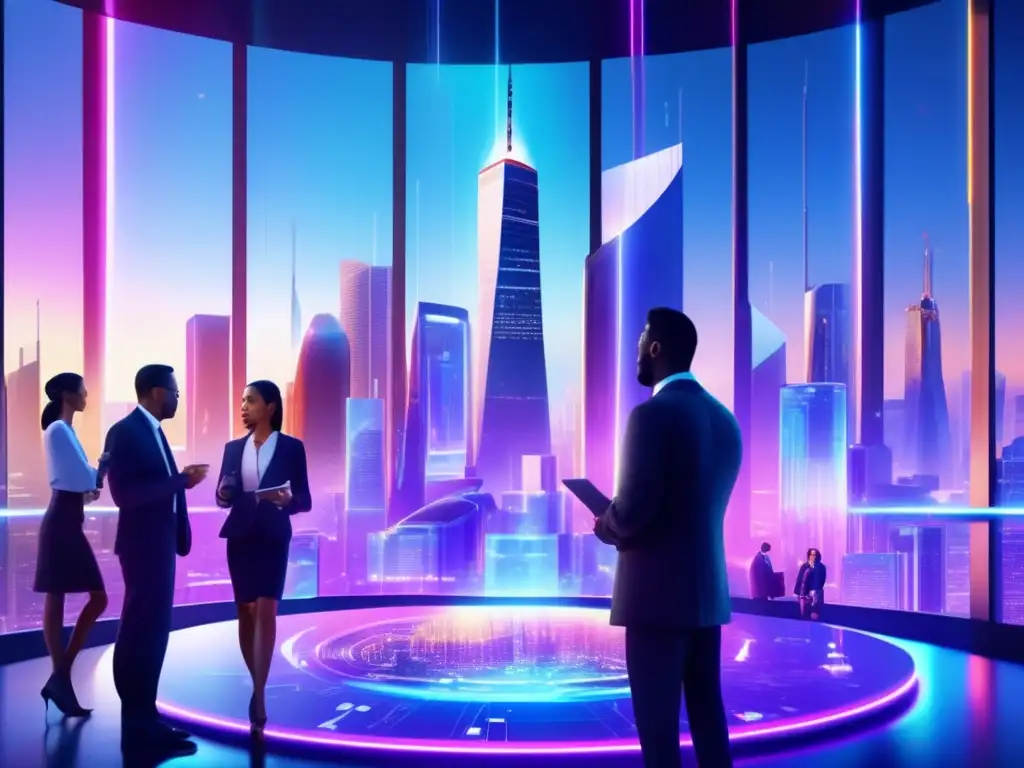 Ciudad futurista con rascacielos y negocios Ciudad futurista con rascacielos, tecnología y leyes AntiLavado y Criptomonedas