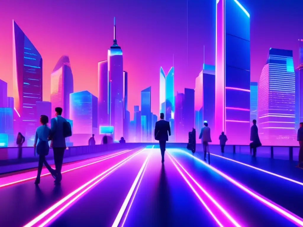 Futurista ciudad nocturna con rascacielos y tecnología avanzada Ciudad futurista con rascacielos, tecnología avanzada y conversaciones sobre criptomonedas
