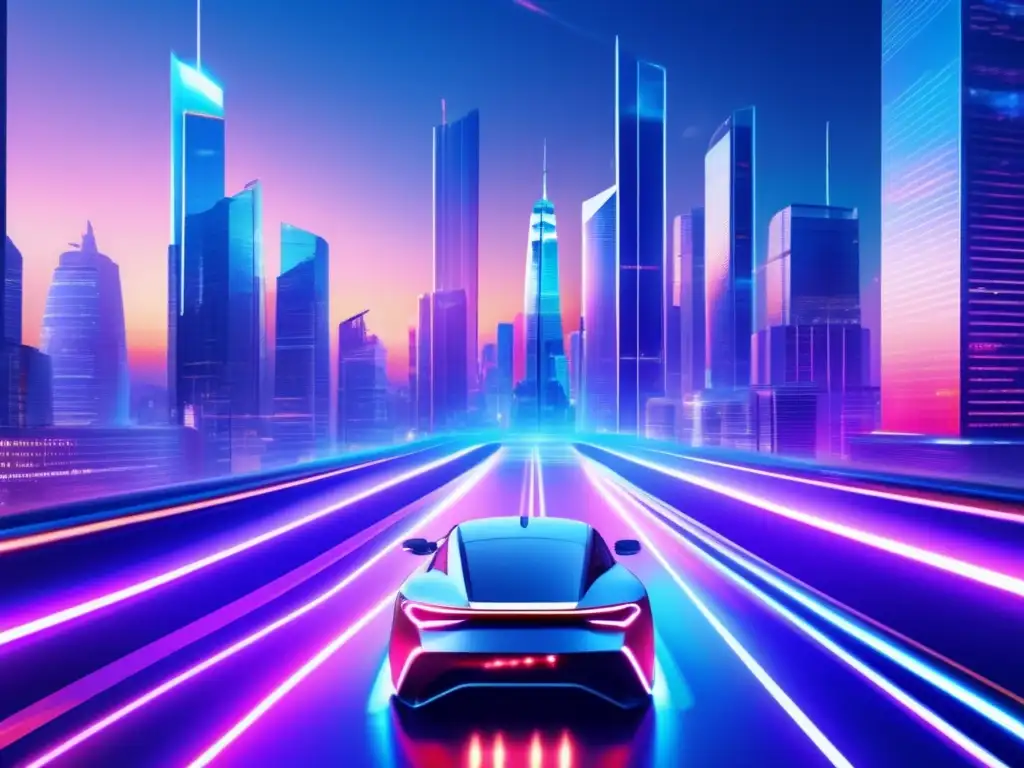 Futuro urbano: Tecnología y finanzas Una ciudad futurista con rascacielos, tecnología avanzada y análisis fundamental de acciones tecnológicas