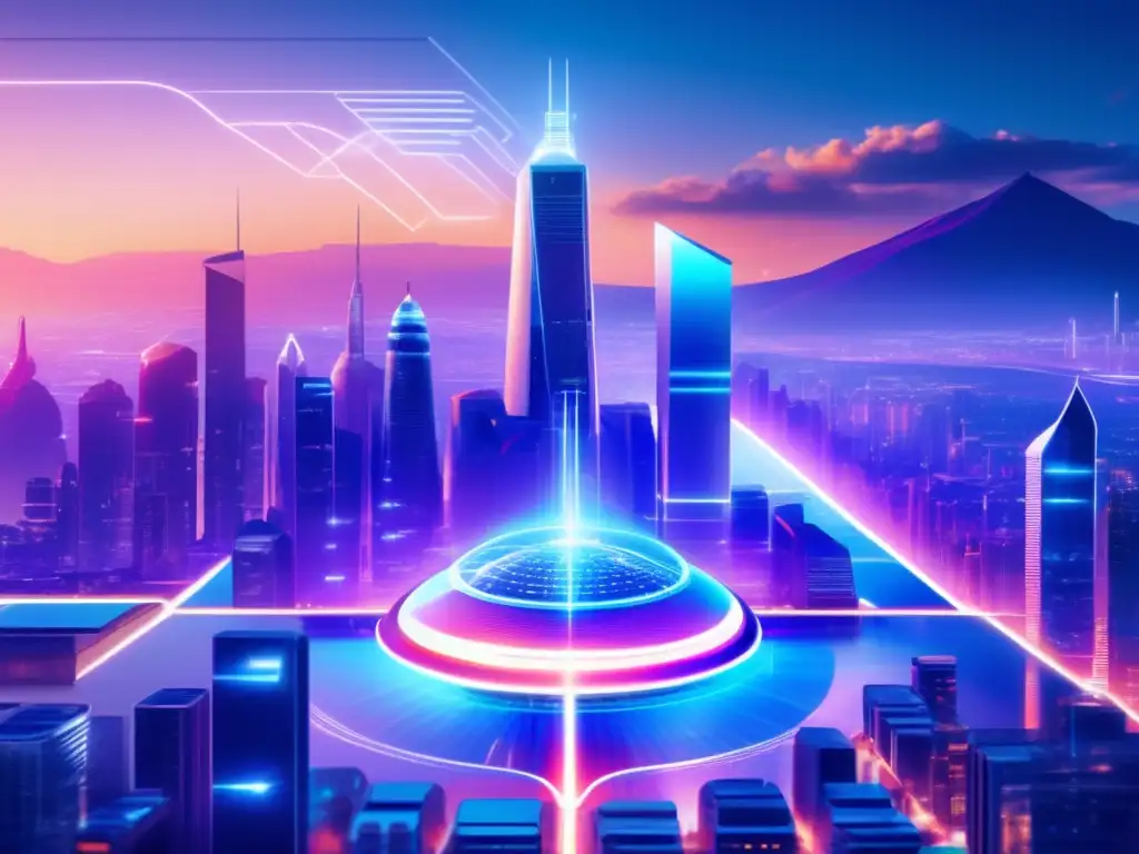 Ciudad futurista con rascacielos tecnológicos Ciudad futurista con rascacielos tecnológicos, contratos inteligentes y redes de datos